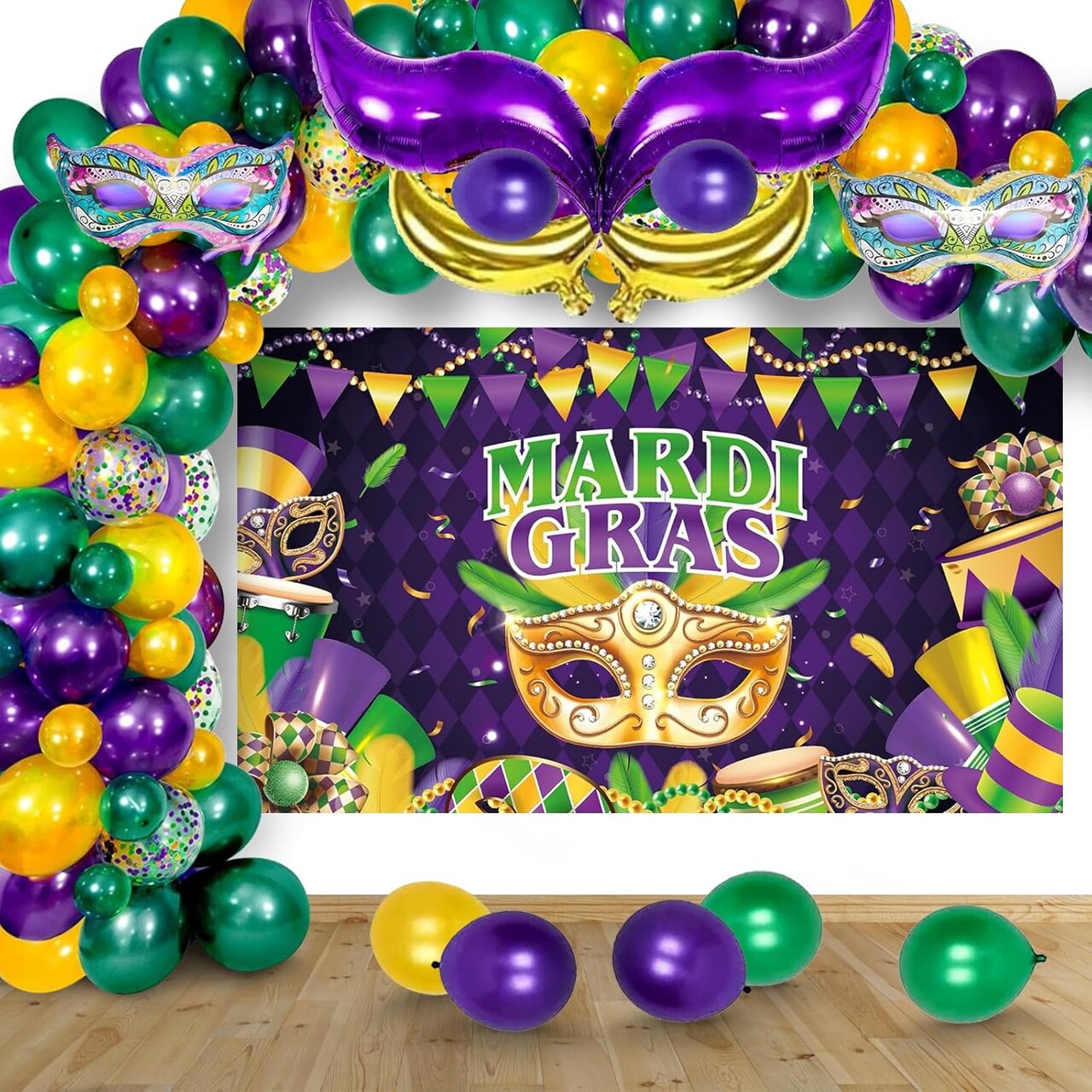 Mardi Gras Balloons Garland Arch Kit with Mardi Gras Banner Green Purple and Gold Confetti Mylar Foil Balloon Arch kit 115PCS Mardi Gras Balloon Garland Kit Decorations for Mardi Gras Party